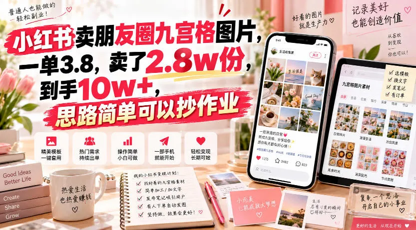 小红书卖朋友圈九宫格图片,一单3.8,卖了2.8w份,到手10w+,思路简单可以抄作业-Ai资源库