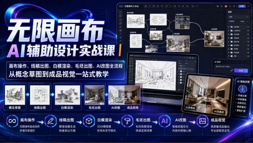 无限画布AI辅助设计实战课|画布操作、线稿出图、白模渲染、毛坯出图、AI改图全流程,从概念草图到成品视觉一站式教学(更新0923) 无限画布AI辅助设计实战课|画布操作、线稿出图、白模渲染、毛坯出图、AI改图全流程,从概念草图到成品视觉一站式教学(更新0923)