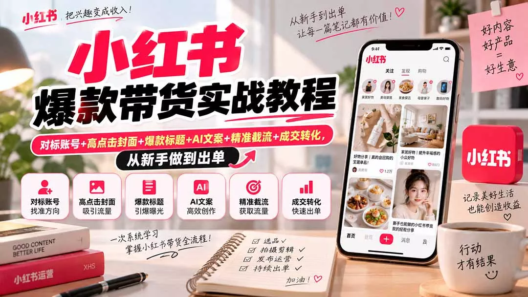 小红书爆款带货实战教程｜对标账号+高点击封面+爆款标题+AI文案+精准截流+成交转化，从新手做到出单-Ai资源库
