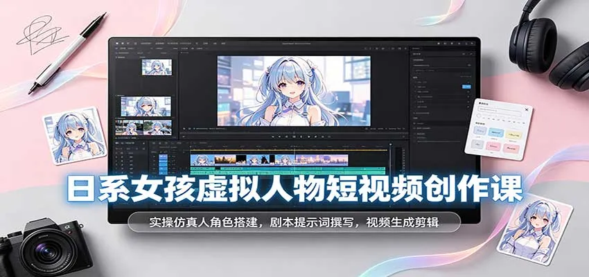 日系女孩虚拟人物短视频创作课：实操仿真人角色搭建，剧本提示词撰写，视频生成剪辑-Ai资源库