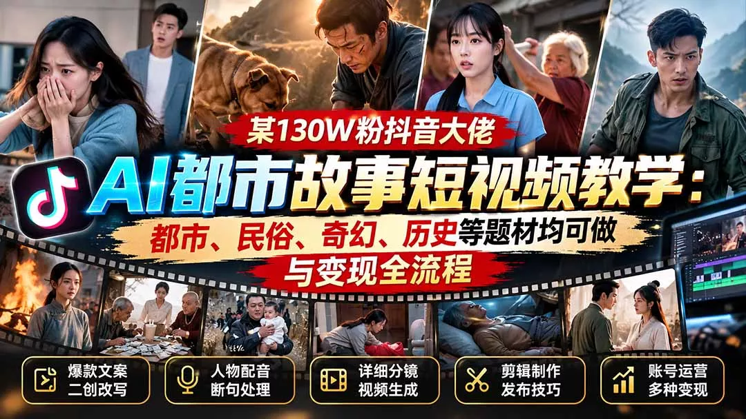 某130W粉抖音大佬AI都市故事短视频教学：都市、民俗、奇幻、历史等题材均可做与变现全流程-Ai资源库