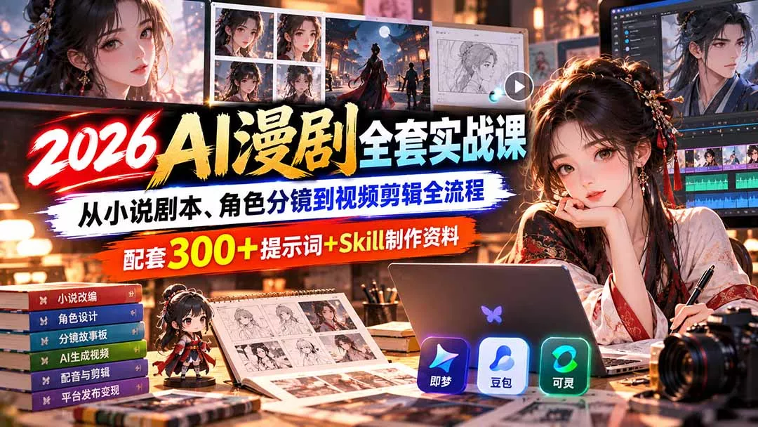 【无水印】2026AI漫剧全套实战课：从小说剧本、角色分镜到视频剪辑全流程，配套300+提示词+Skill制作资料-Ai资源库