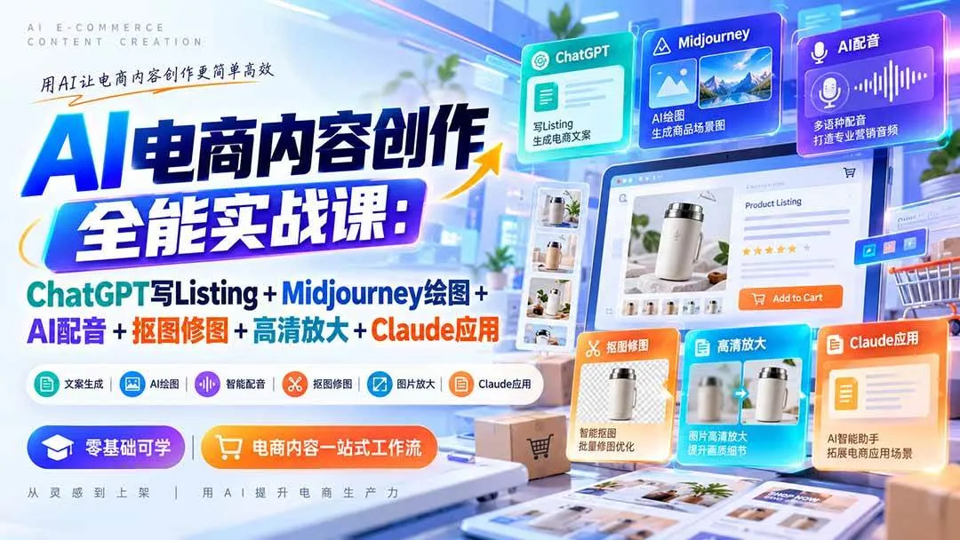 (20770期)【无水印】AI电商内容创作全能实战课:ChatGPT写Listing+Midjourney绘图+AI配音+抠图修图+高清放大+Claude应用-Ai资源库