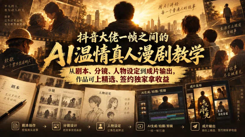 抖音大佬一帧之间的AI温情真人漫剧教学，从剧本、分镜、人物设定到成片输出，作品可上精选、签约独家拿收益-Ai资源库
