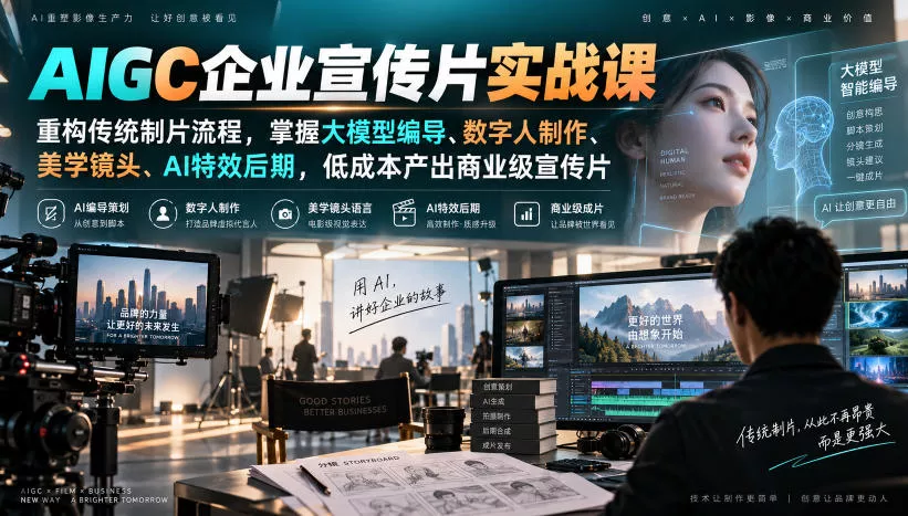 AIGC企业宣传片实战课,重构传统制片流程,掌握大模型编导、数字人制作、美学镜头、AI特效后期,低成本产出商业级宣传片 AIGC企业宣传片实战课,重构传统制片流程,掌握大模型编导、数字人制作、美学镜头、AI特效后期,低成本产出商业级宣传片