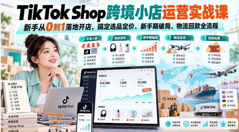 TikTok Shop跨境小店运营实战课，新手从0到1落地开店，搞定选品定价、新手期破局、物流回款全流程-Ai资源库