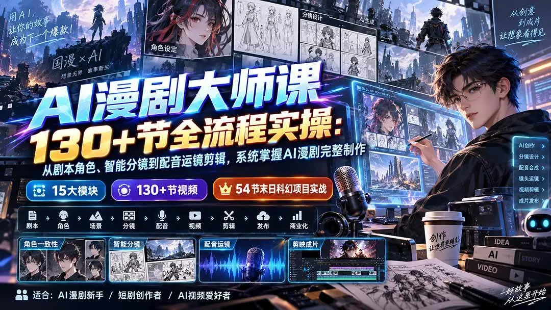 （20326期）AI漫剧大师课130+节全流程实操：从剧本角色、智能分镜到配音运镜剪辑，系统掌握AI漫剧完整制作-Ai资源库