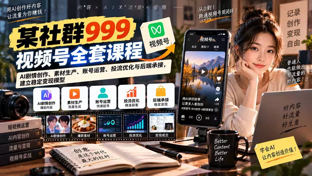 【无水印】某社群999视频号全套课程：AI剧情创作、素材生产、账号运营、投流优化与后端承接，建立稳定变现模型-Ai资源库