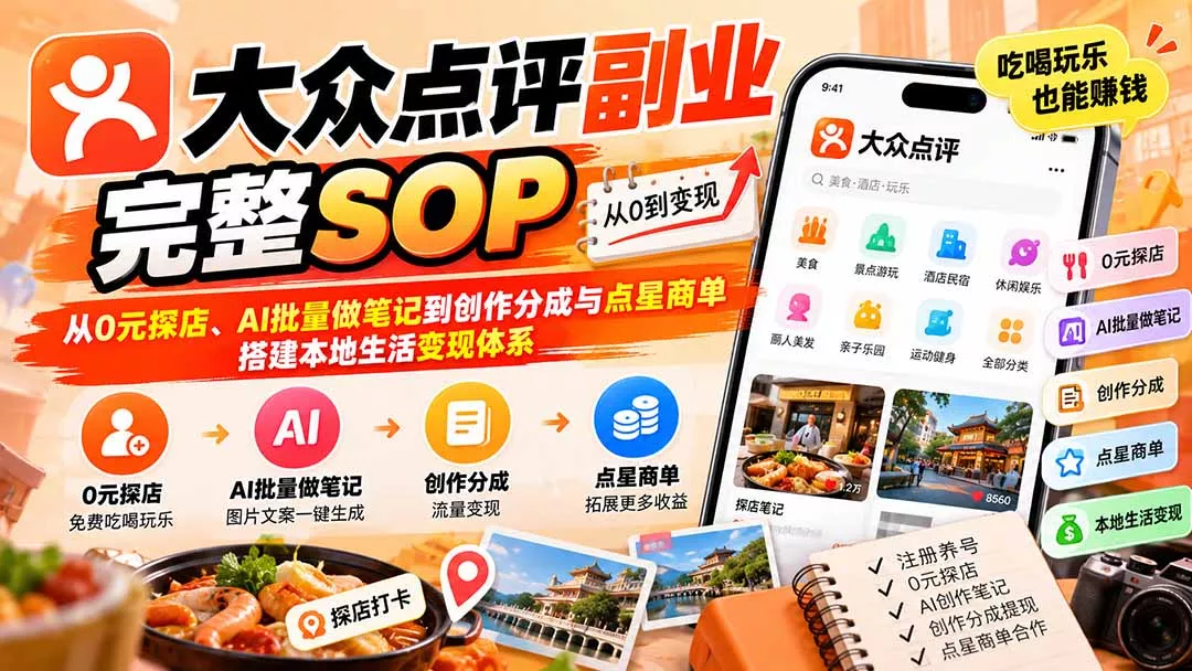 【无水印】大众点评副业完整SOP：从0元探店、AI批量做笔记到创作分成与点星商单，搭建本地生活变现体系-Ai资源库