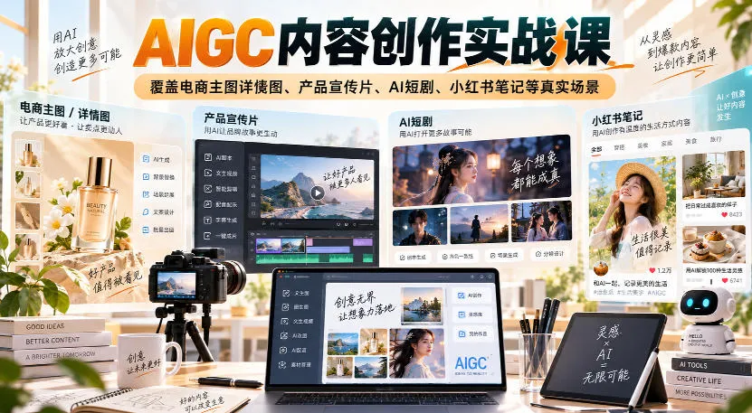 AIGC内容创作实战课，覆盖电商主图详情图、产品宣传片、AI短剧、小红书笔记等真实场景-Ai资源库