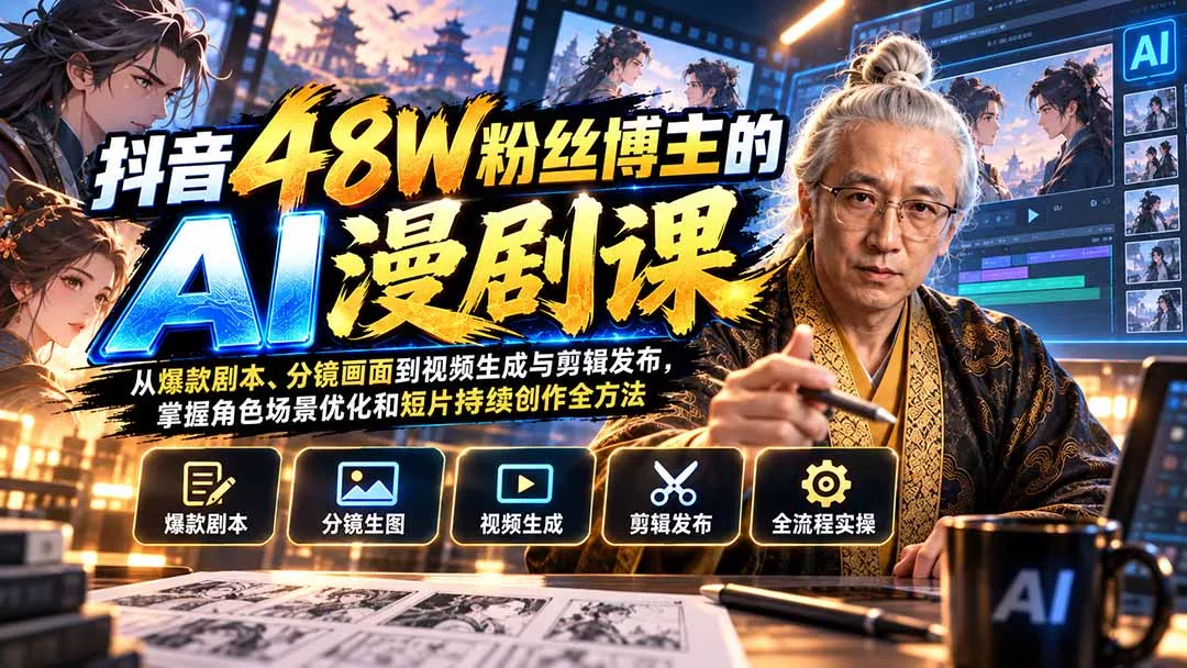 抖音48W粉丝博主的AI漫剧课：从爆款剧本、分镜画面到视频生成与剪辑发布，掌握角色场景优化和短片持续创作全方法-Ai资源库