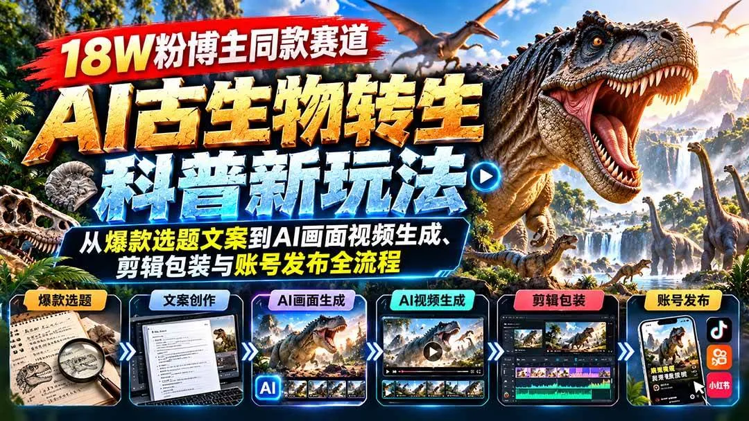（20833期）18W粉博主同款赛道-AI古生物转生科普新玩法：从爆款选题文案到AI画面视频生成、剪辑包装与账号发布全流程