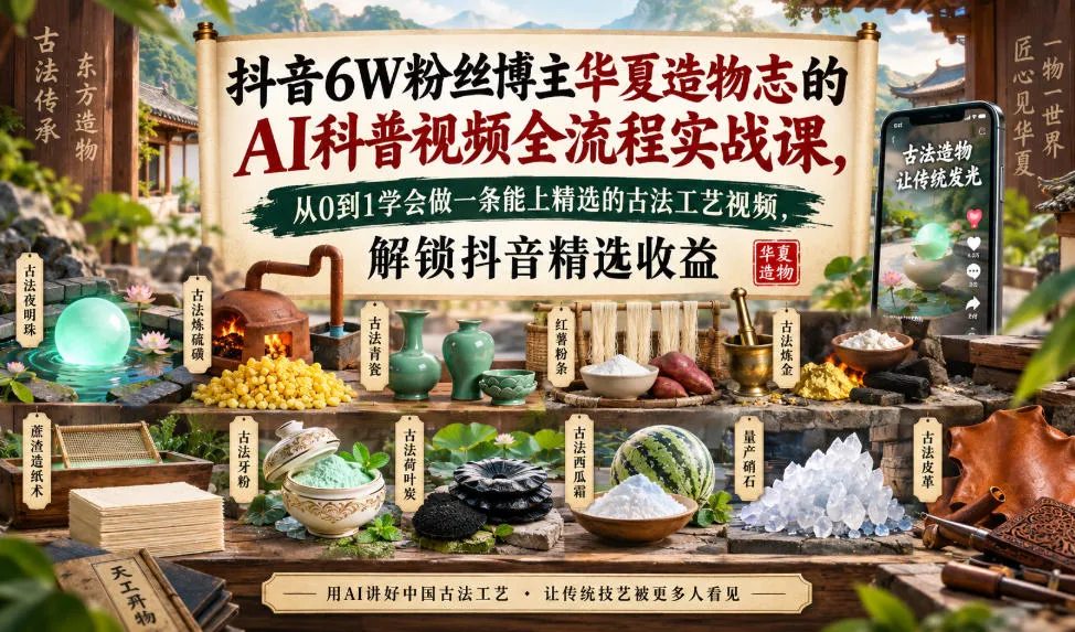 抖音6W粉丝博主华夏造物志的AI科普视频全流程实战课，从0到1学会做一条能上精选的古法工艺视频，解锁抖音精选收益-Ai资源库