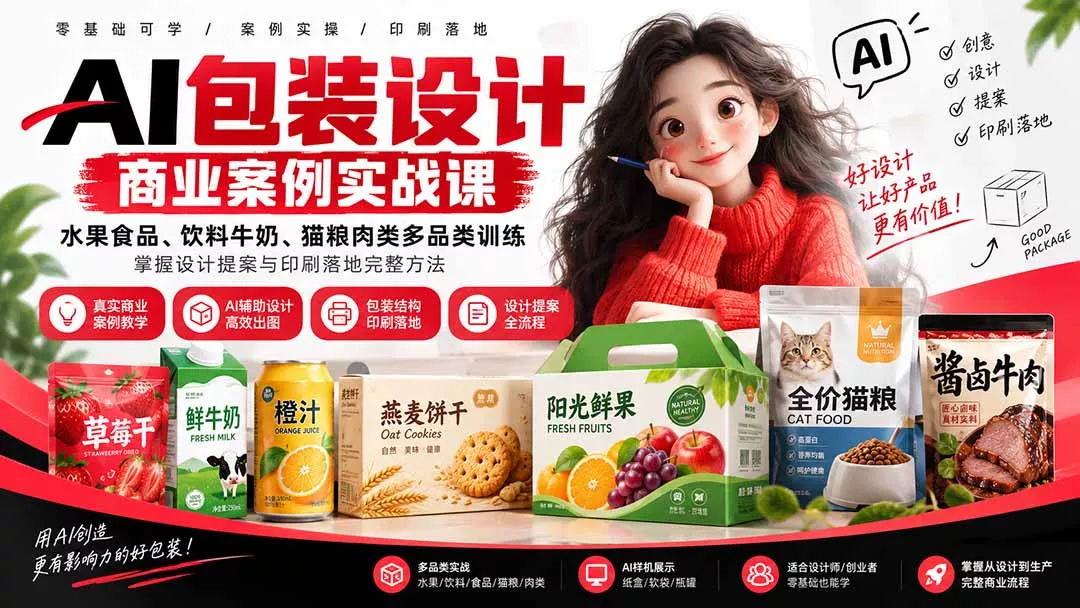 AI包装设计商业案例实战课：水果食品、饮料牛奶、猫粮肉类多品类训练，掌握设计提案与印刷落地完整方法-Ai资源库