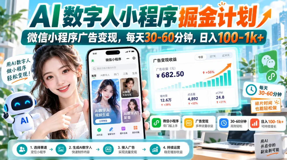 【无水印】AI数字人小程序掘金计划，微信小程序广告变现，每天30‑60分钟，日入100‑1k+-Ai资源库