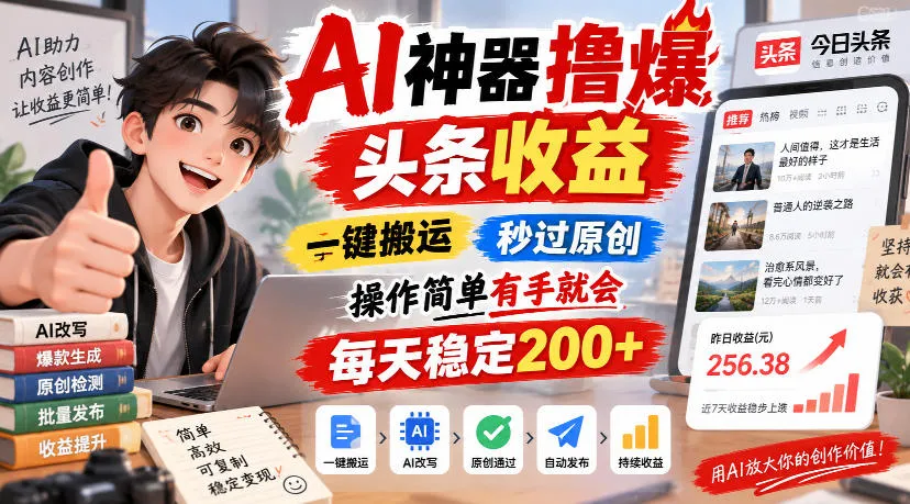 AI神器撸爆头条收益,一键搬运,秒过原创,操作简单有手就会,每天稳定200+【揭秘】-Ai资源库