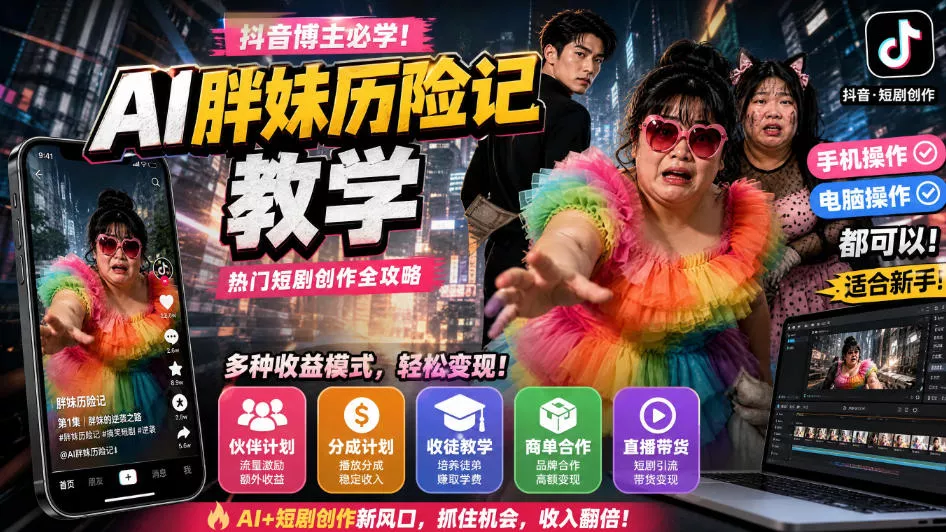 抖音博主的AI胖妹历险记教学,伙伴计划+分成计划+收徒+商单等多种收益,适合新手,手机电脑都可以操作-Ai资源库