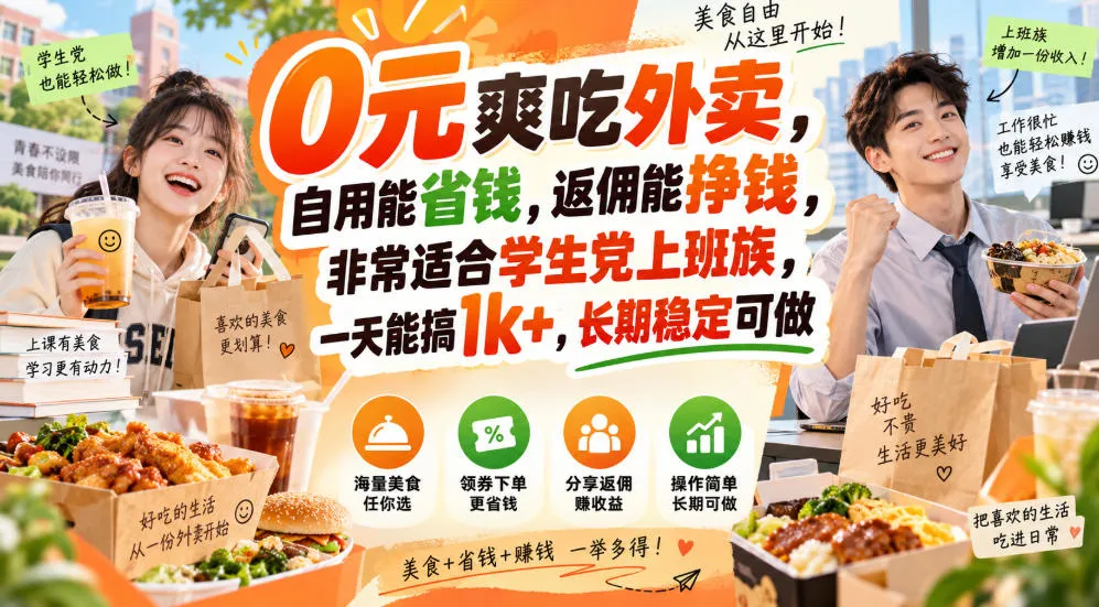 0元爽吃外卖,自用能省钱,返佣能挣钱,非常适合学生党上班族,一天能搞1k+,长期稳定可做-Ai资源库
