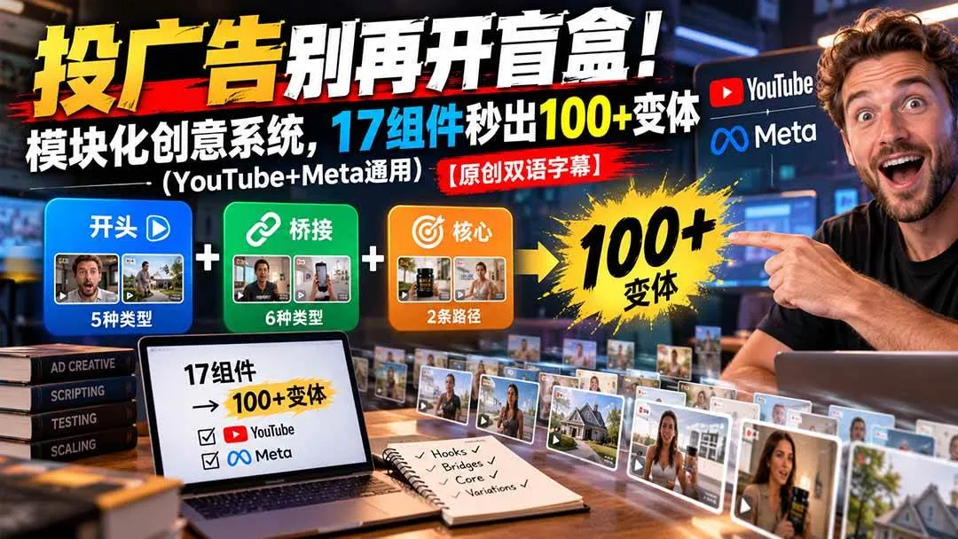 （20840期）投广告别再开盲盒！模块化创意系统，17组件秒出100+变体（YouTube+Meta通用）【原创双语字幕】-Ai资源库