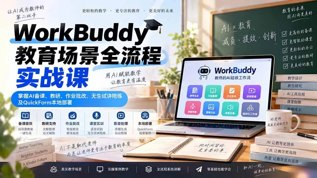 (20518期)WorkBuddy教育场景全流程实战课:掌握AI备课、教研、作业批改、无生试讲陪练及QuickForm本地部署-Ai资源库