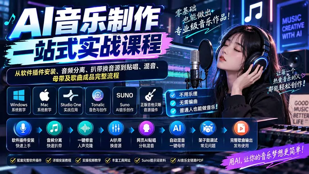 AI音乐制作一站式实战课程：从软件插件安装、音频分离、扒带换音源到贴唱、混音、母带及歌曲成品完整流程-Ai资源库