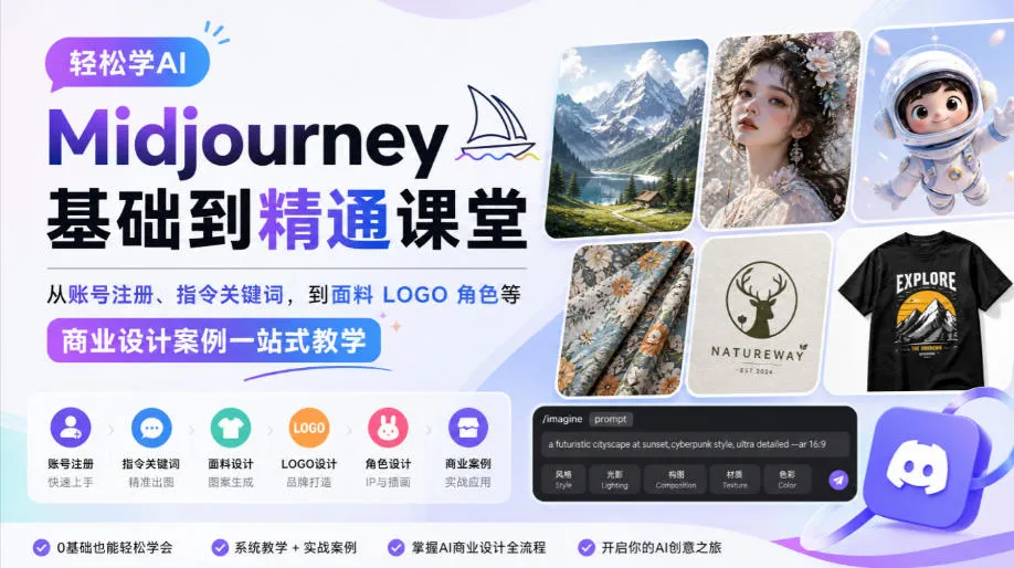 轻松学AI Midjourney基础到精通课堂，从账号注册、指令关键词，到面料LOGO角色等商业设计案例一站式教学-Ai资源库