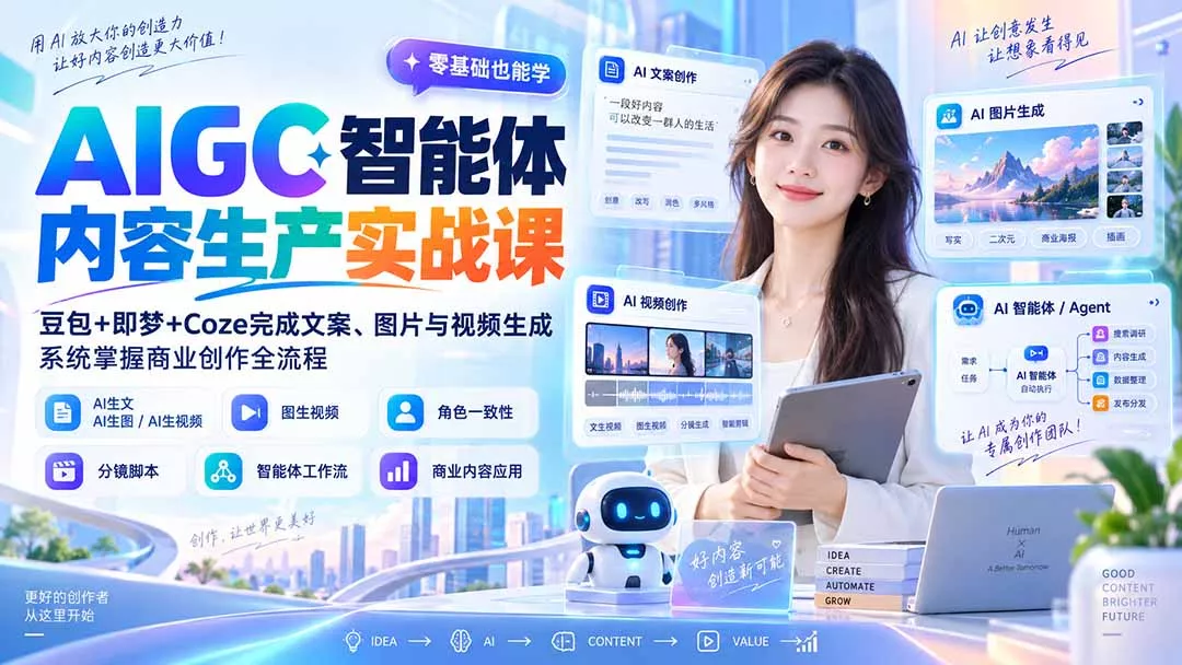 AIGC智能体内容生产实战课:豆包+即梦+Coze完成文案、图片与视频生成,系统掌握商业创作全流程-Ai资源库