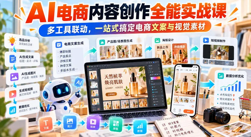 【无水印】AI电商内容创作全能实战课｜多工具联动，一站式搞定电商文案与视觉素材-Ai资源库