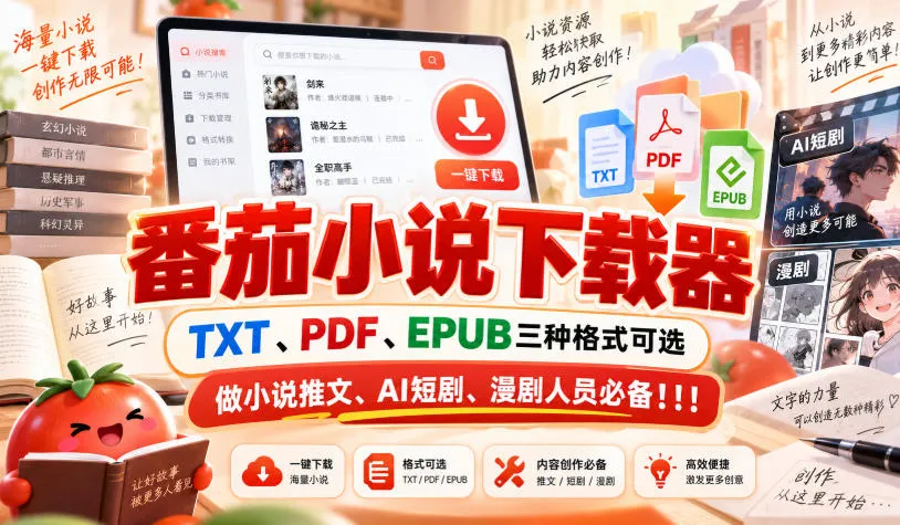 番茄小说下载器,TXT、PDF、EPUB三种格式可选,做小说推文、AI短剧、漫剧人员必备!!!-Ai资源库