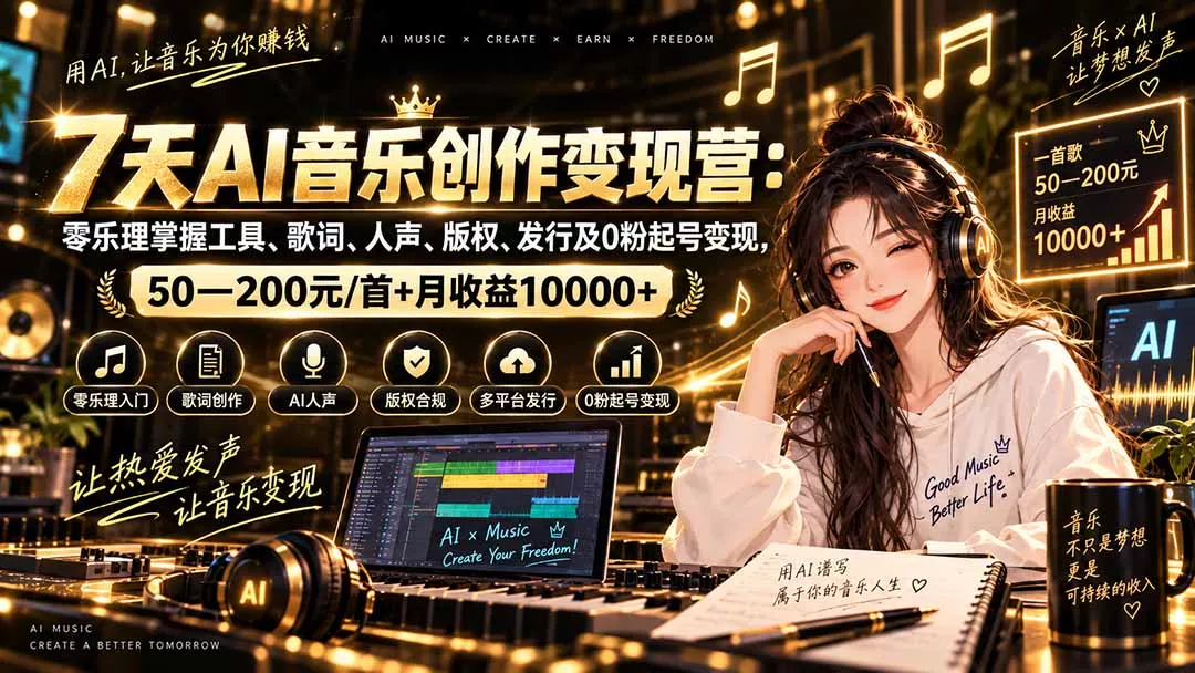 AI音乐创作变现营:零乐理掌握工具、歌词、人声、版权、发行及0粉起号变现,50—200元/首+月收益10000+-Ai资源库