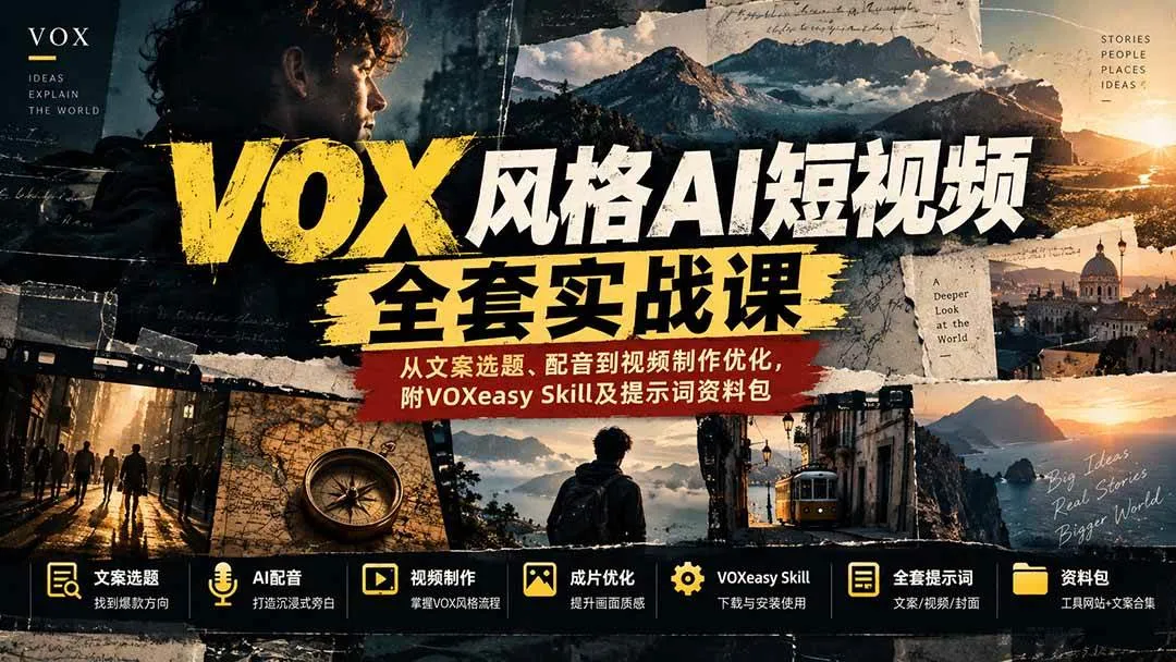 （20677期）【无水印】VOX风格AI短视频全套实战课：从文案选题、配音到视频制作优化，附VOXeasy Skill及提示词资料包-Ai资源库