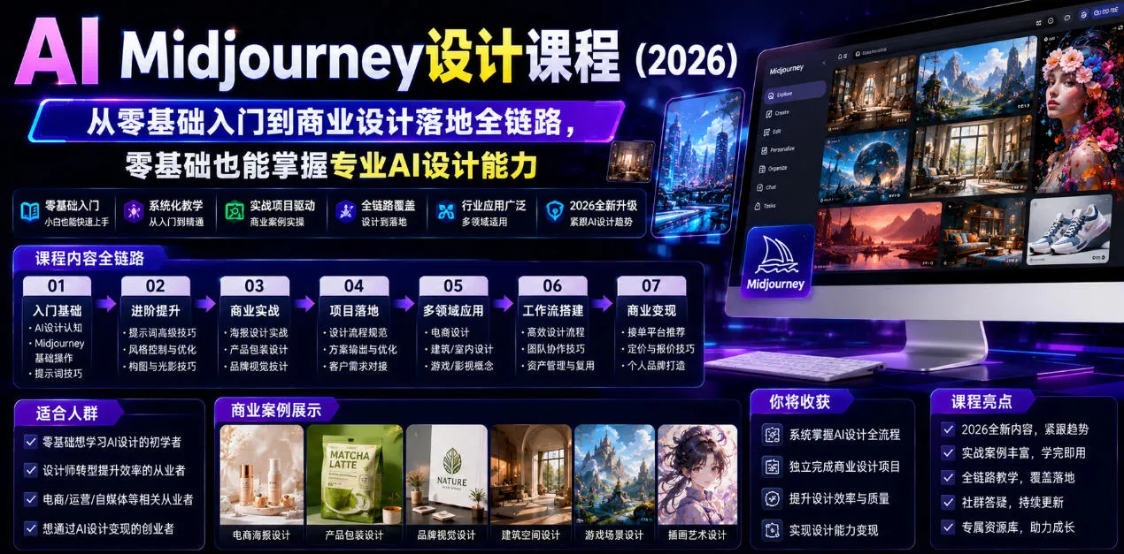 AI Midjourney设计课程(2026),从零基础入门到商业设计落地全链路,零基础也能掌握专业AI设计能力(更新1007) AI Midjourney设计课程(2026),从零基础入门到商业设计落地全链路,零基础也能掌握专业AI设计能力(更新1007)