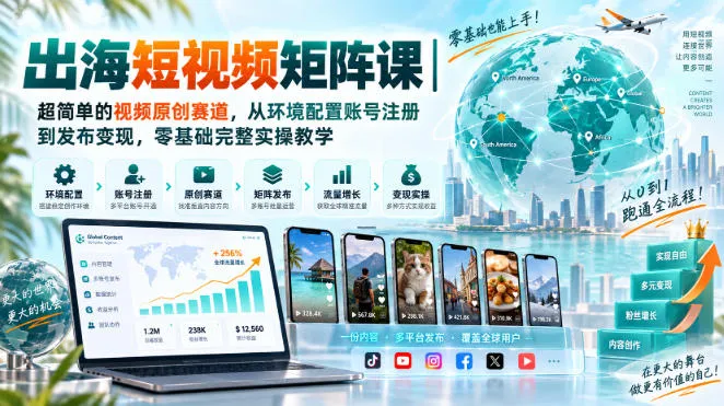 出海短视频矩阵课｜超简单的视频原创赛道，从环境配置账号注册到发布变现，零基础完整实操教学-Ai资源库