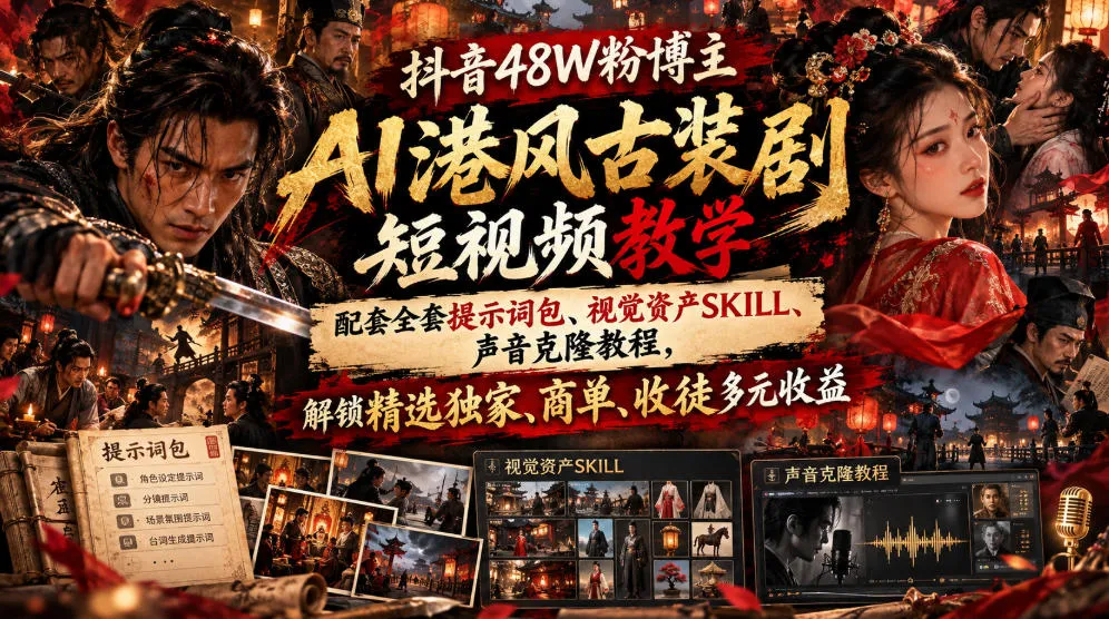 抖音48W粉博主AI港风古装剧短视频教学，配套全套提示词包、视觉资产SKILL、声音克隆教程，解锁精选独家、商单、收徒多元收益-Ai资源库