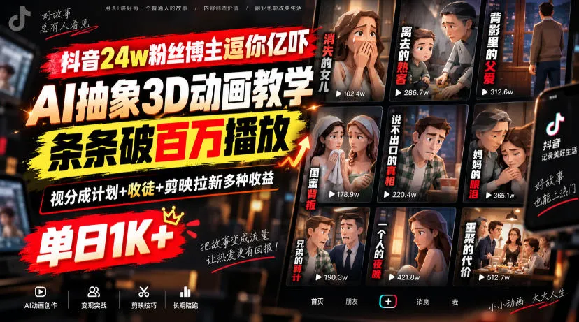 抖音24w粉丝博主逗你亿吓AI抽象3D动画教学,条条破百万播放,分成计划+收徒+剪映拉新多种收益,单日1K+-Ai资源库