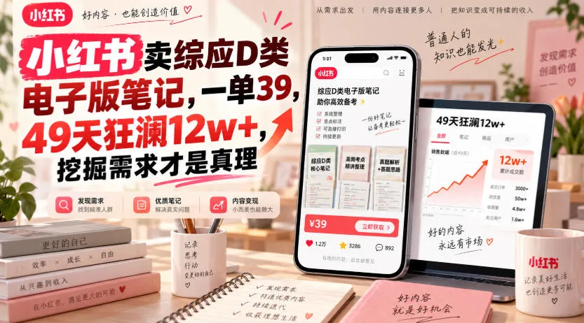 小红书卖综应D类电子版笔记,一单39,49天狂澜12w+,挖掘需求才是真理-Ai资源库