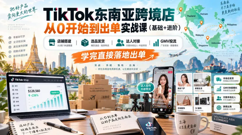 TikTok东南亚跨境店从0开始到出单实战课(基础+进阶),店铺搭建、选品发货、达人对接、GMV投流,学完直接落地出单-Ai资源库