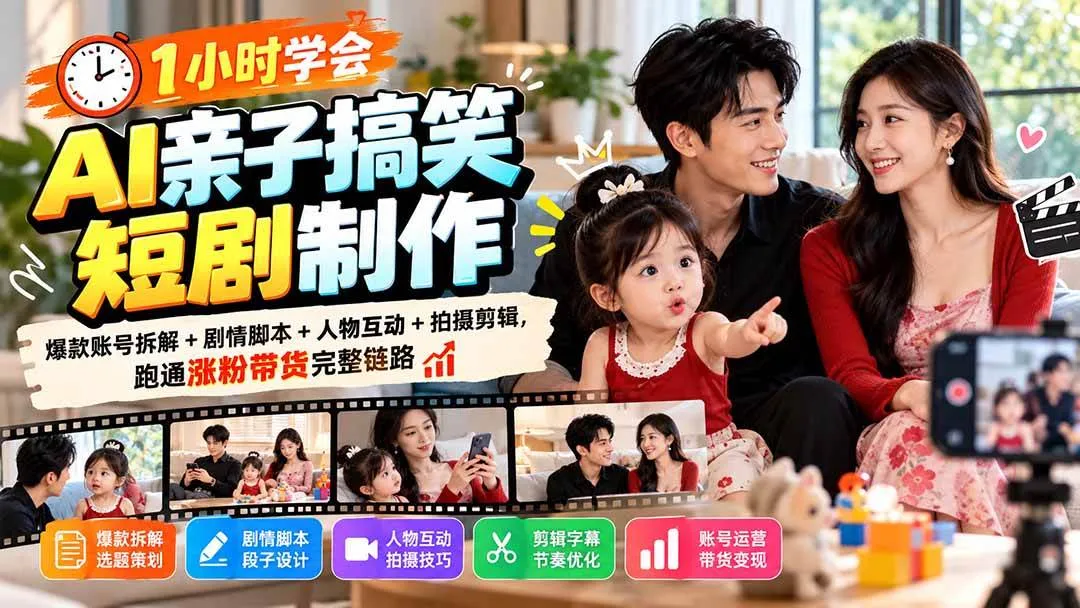 （20807期）1小时学会AI亲子搞笑短剧制作：爆款账号拆解+剧情脚本+人物互动+拍摄剪辑，跑通涨粉带货完整链路-Ai资源库