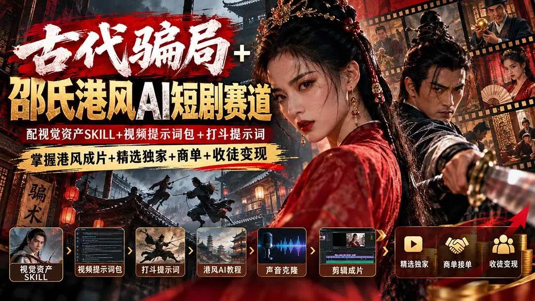 (20684期)古代骗局+邵氏港风AI短剧赛道:配视觉资产SKILL+视频提示词包+打斗提示词,掌握港风成片+精选独家+商单+收徒变现-Ai资源库