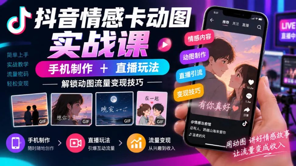抖音情感卡动图实战课｜手机制作+直播玩法，解锁动图流量变现技巧-Ai资源库
