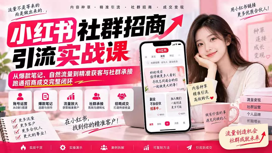 小红书社群招商引流实战课-无水印：从爆款笔记、自然流量到精准获客与社群承接，跑通招商成交完整闭环