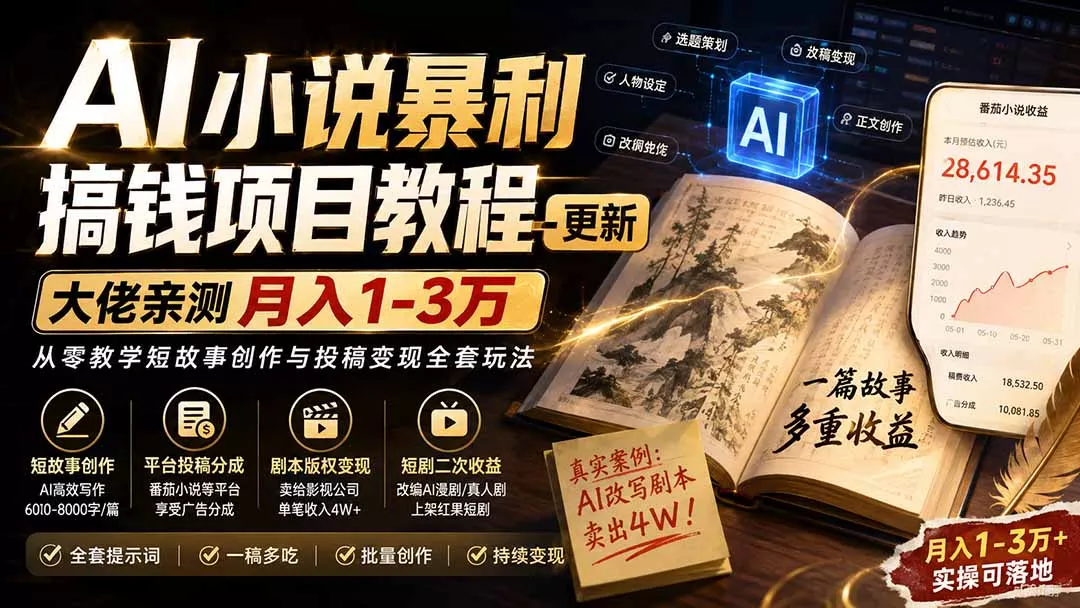AI小说短故事暴利搞钱项目教程-更新，大佬亲测月入1-3万，从零教学短故事创作与投稿变现全套玩法-Ai资源库