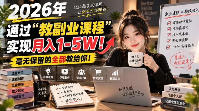 2026年通过“教副业课程”实现月入1-5W！毫无保留的全部教给你！-Ai资源库