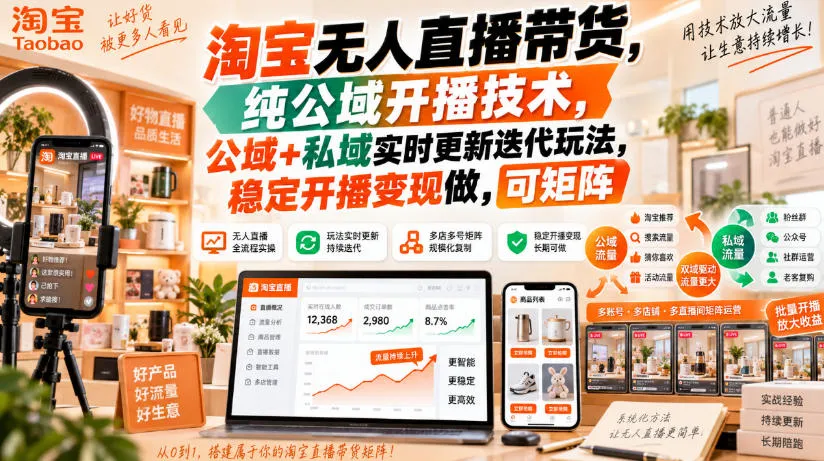 淘宝无人直播带货,纯公域开播技术,公域+私域实时更新迭代玩法,稳定开播变现做,可矩阵【揭秘】-Ai资源库