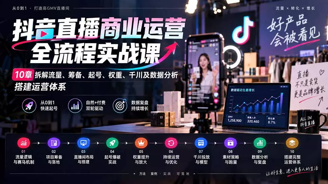 抖音直播商业运营全流程实战课:10章拆解流量、筹备、起号、权重、千川及数据分析,搭建运营体系-Ai资源库