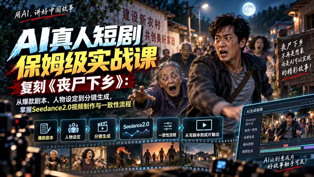 AI真人短剧保姆级实战课，复刻《丧尸下乡》：从爆款剧本、人物设定到分镜生成，掌握Seedance2.0视频制作与一致性流程-Ai资源库