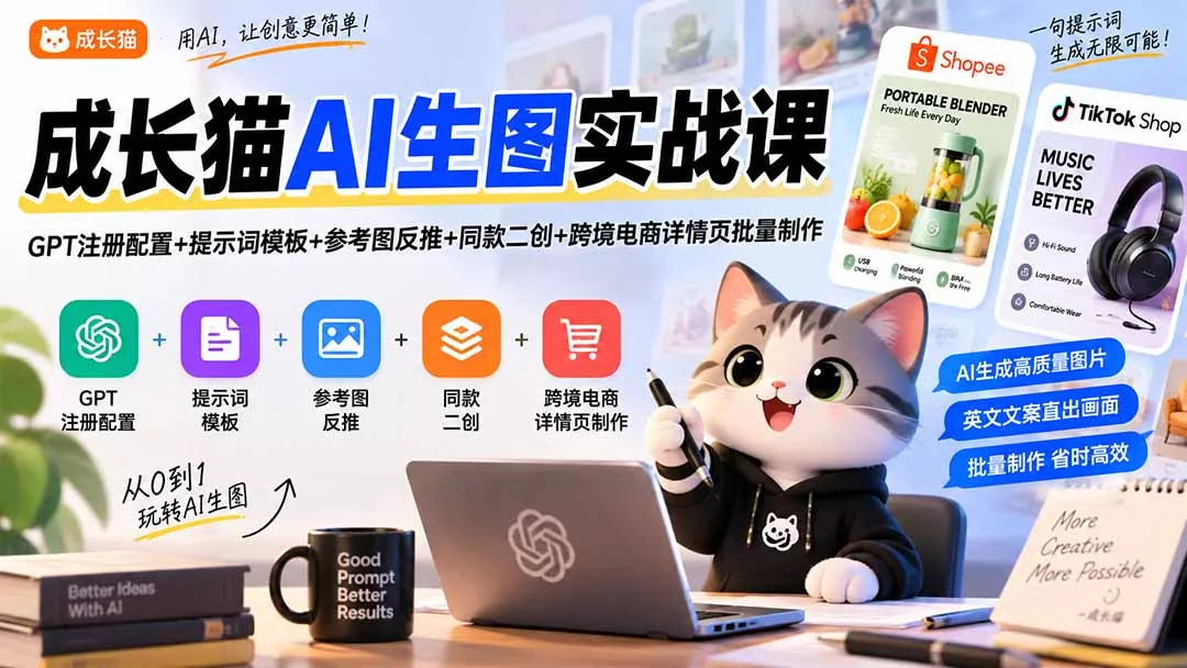 成长猫AI生图实战课｜GPT注册配置+提示词模板+参考图反推+同款二创+跨境电商详情页批量制作-Ai资源库
