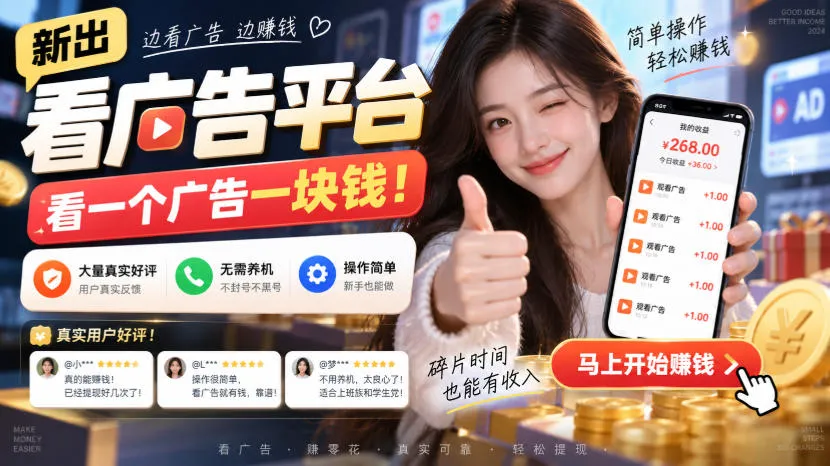 新出看广告平台，看一个广告一块钱，大量真实好评！无需养机、不会黑号，操作简单【揭秘】-Ai资源库
