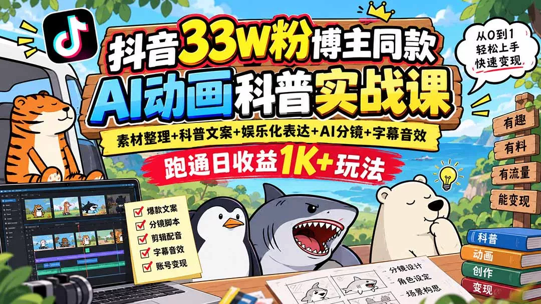 抖音33W粉博主同款AI动画科普实战课|素材整理+科普文案+娱乐化表达+AI分镜+字幕音效,跑通日收益1K+玩法-Ai资源库