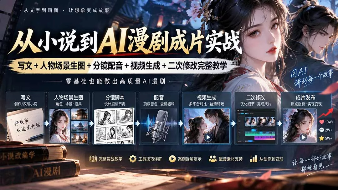 从小说到AI漫剧成片实战：写文+人物场景生图+分镜配音+视频生成+二次修改完整教学
